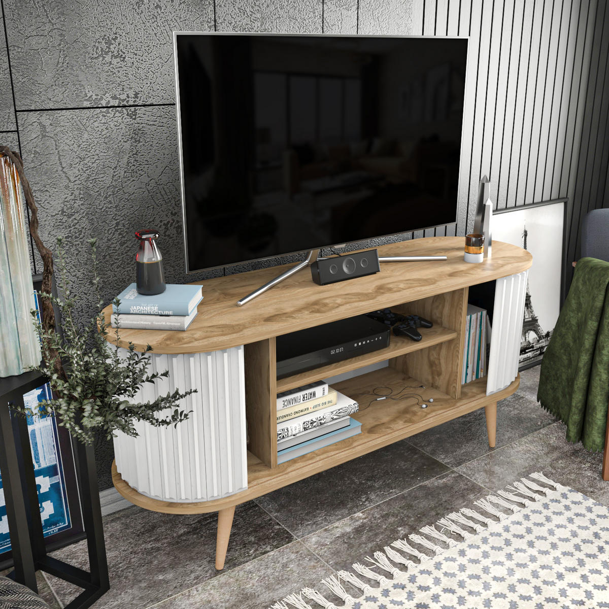 TV-ELEMENT Stor Weiß Braun - Braun/Weiß, Holz/Holzwerkstoff (43/64/140cm) - Decorotika