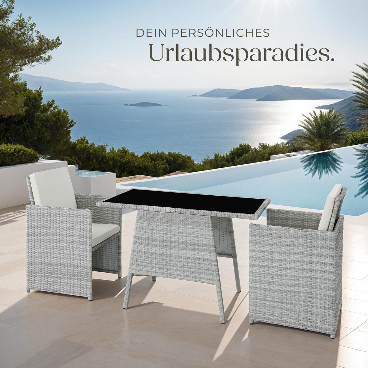 RATTAN SITZGRUPPE Lausanne,zusammenschiebbar,hellgrau - Hellgrau, Kunststoff - tectake