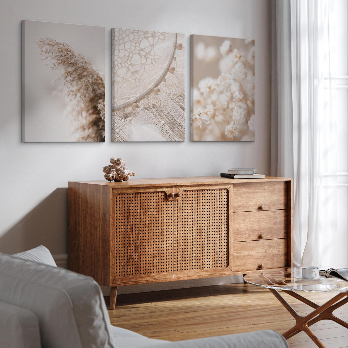LEINWANDBILDER 3-er Set Pflanzen 3D Boho - Beige/Braun, Textil (90/40cm) - Muralo