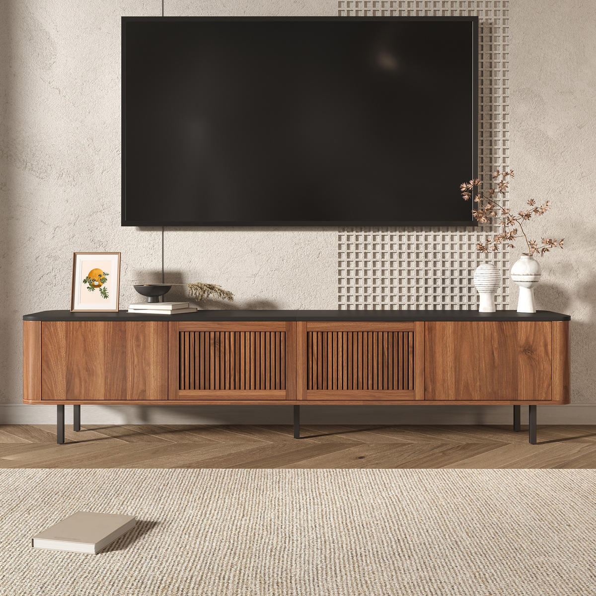 TV-SCHRANK 190/35/45 cm Walnuss Schwarz mit Gittertüren und Stauraum - Nussbaumfarben, Holzwerkstoff/Metall (190/45/35cm) - Oxeza
