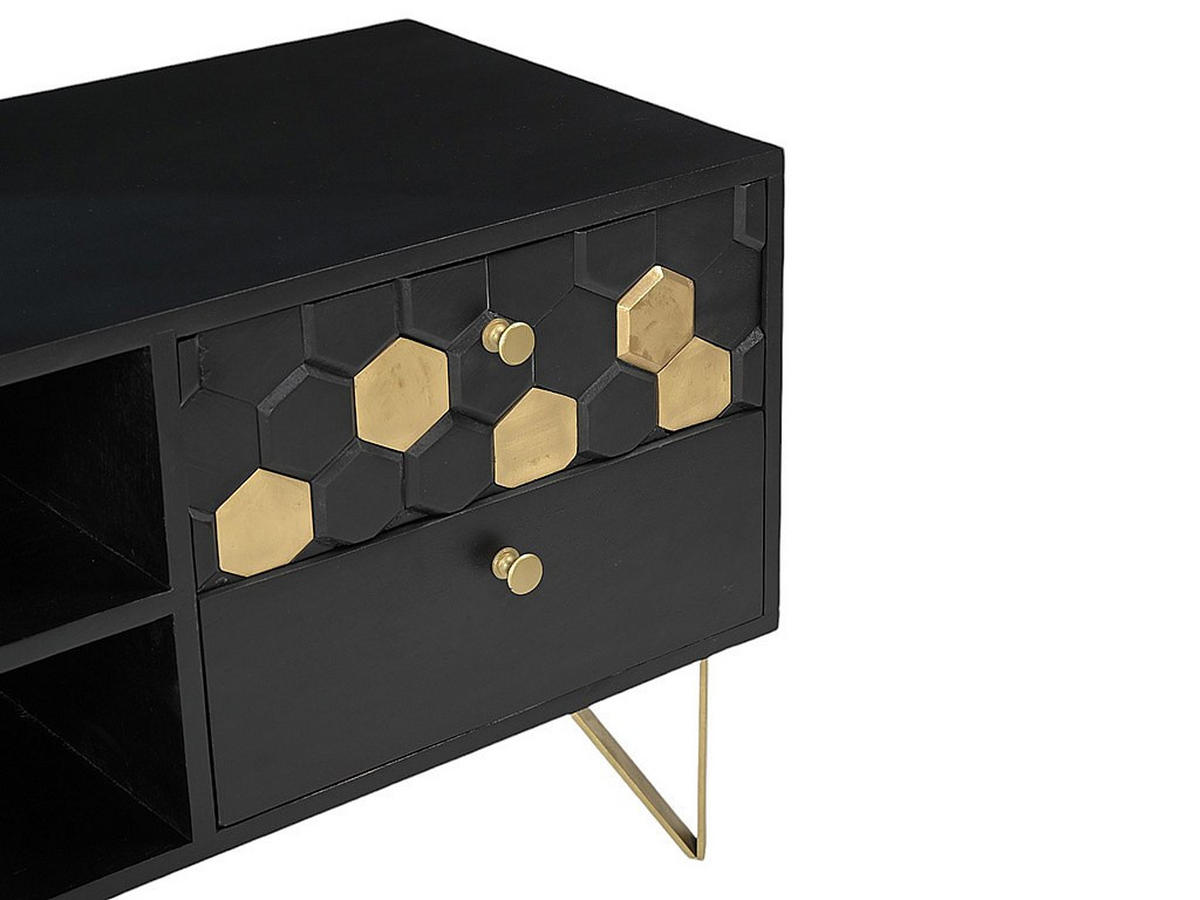 TV-MÖBEL mit 1 Tür, 2 Schubladen & 2 Ablagefächern - Mangoholz & Metall - Schwarz & Goldfarben - BELORI - Schwarz, Holz (130/50/40cm) - Vente-Unique