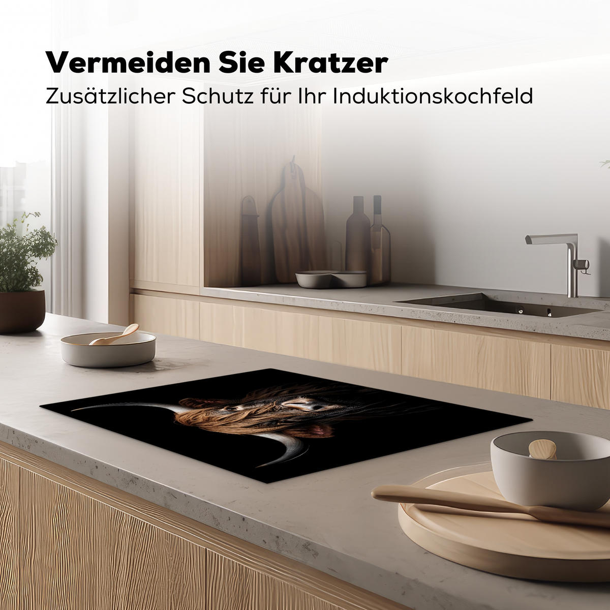 HERDABDECKPLATTE Schottischer Highlander - Porträt - Schwarz - Tier Induktionsmatte 71x52 cm - Braun, Kunststoff (71/52/0.2cm) - MuchoWow