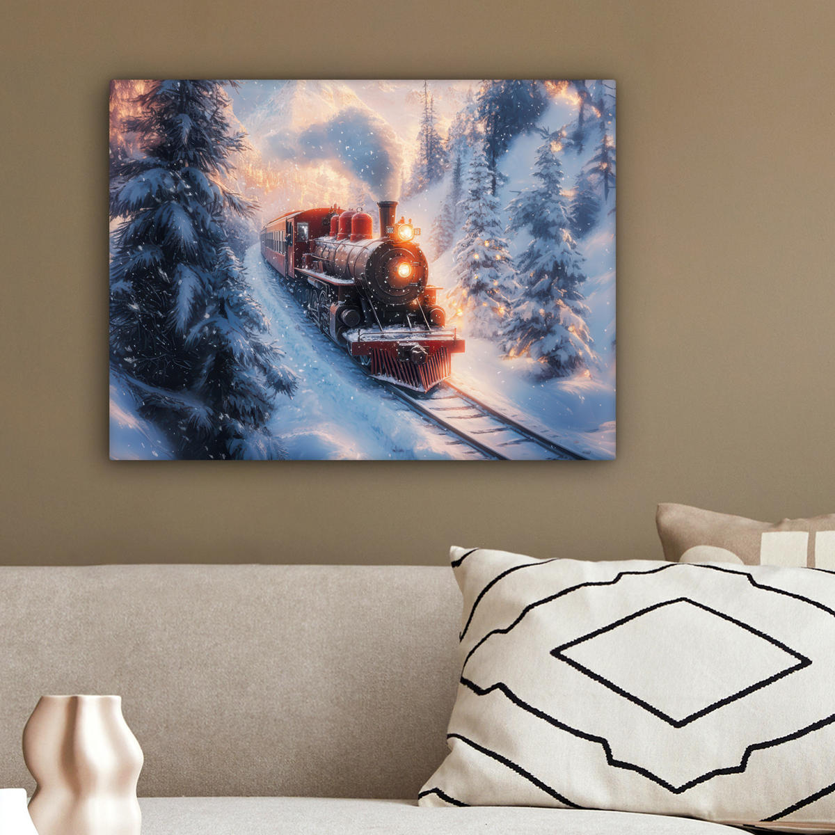 LEINWANDBILD Weihnachtszug - Schnee - Winter - Weihnachten 40x30 cm - Dunkelrot, Textil (40/30cm) - MuchoWow