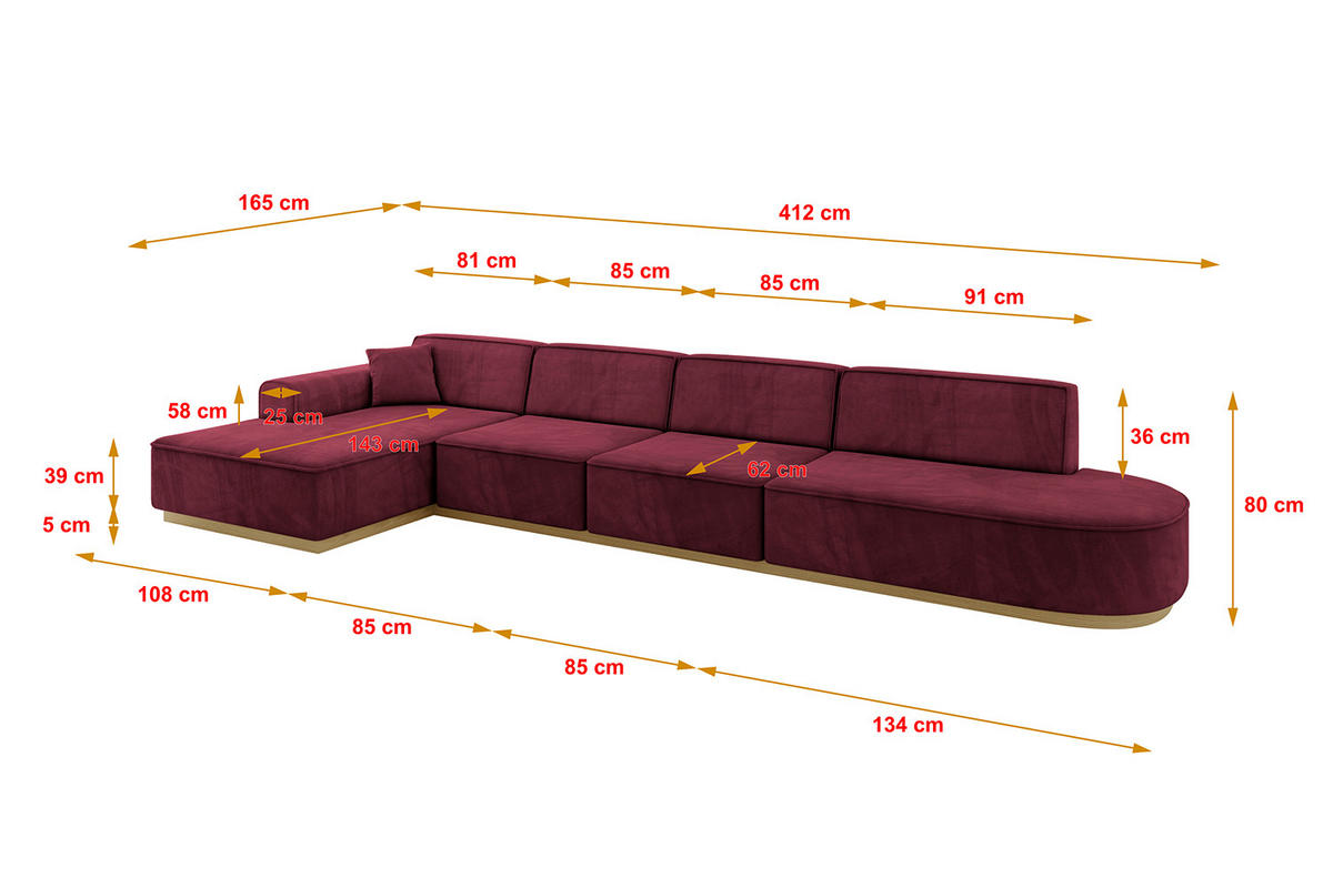 ECKSOFA Ottomane Links IREA-L3-v2 - 412x165x80 cm Bordeauxrot - Bordeaux, Holzwerkstoff/Textil (412/165cm) - ALTDECOR