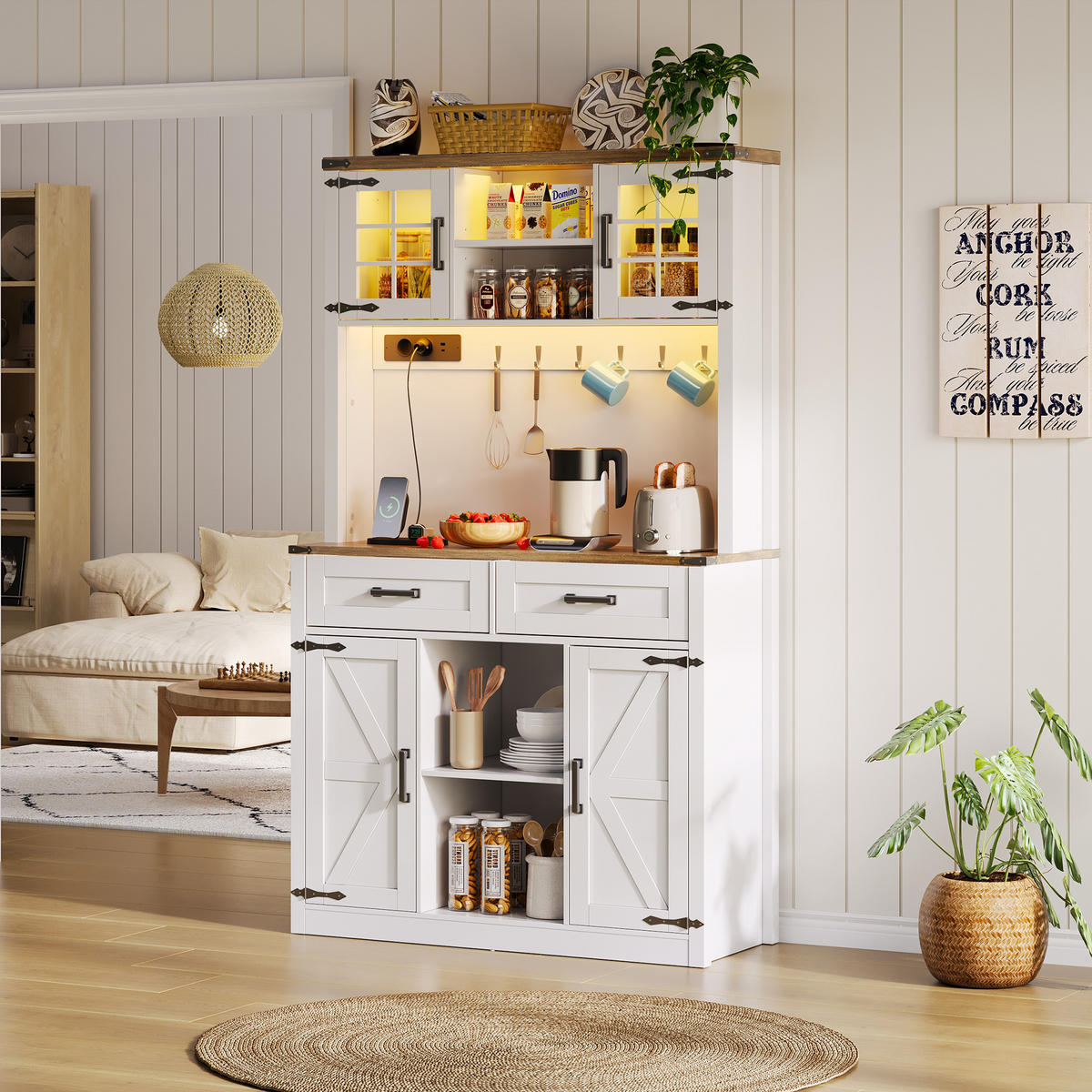 BUFFET 99/40/172 cm Weiß mit LED-Beleuchtung und 2 Schubladen - Weiß, Holz (100/172/40cm) - Oxeza