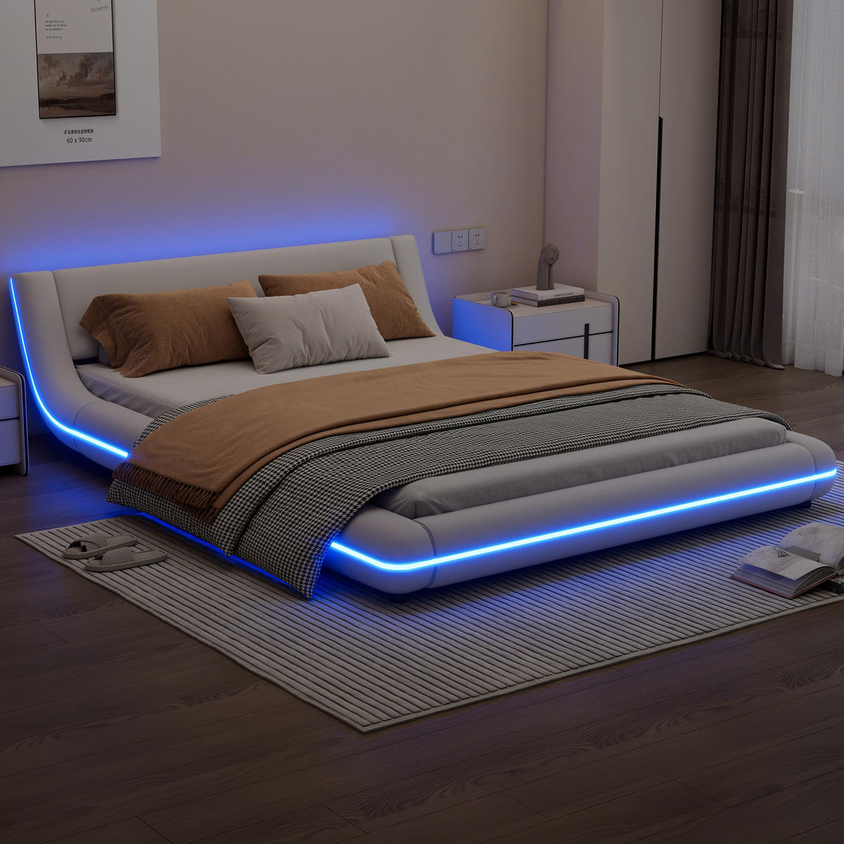BODENBETT 140/200 cm mit LED-Umgebungsbeleuchtung, App-Steuerung und PU-Oberfläche, Weiß - Weiß, Leder (140/200cm) - Redom