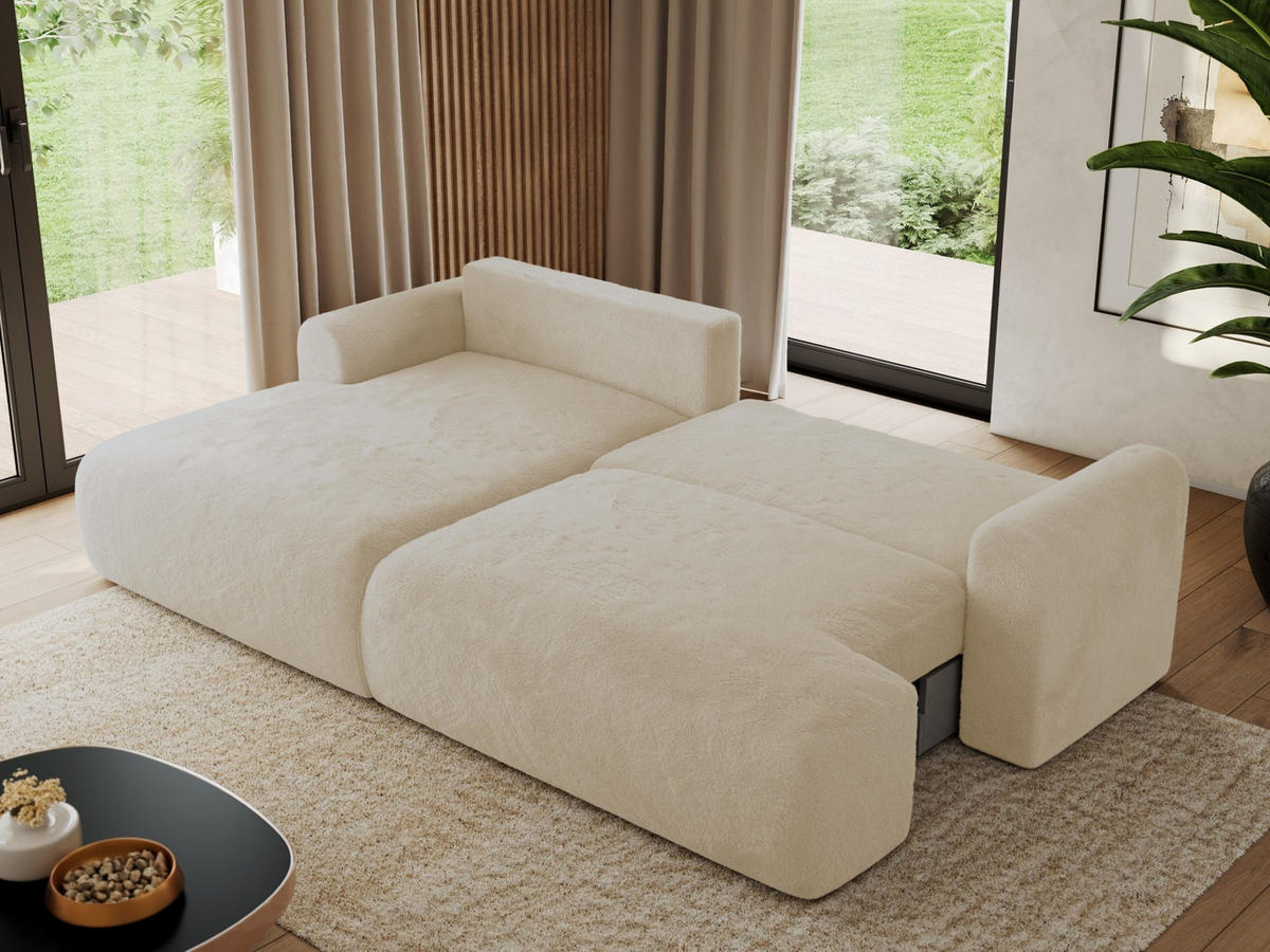 ECKSCHLAFSOFA TONO L Creme Plüsch - links - Creme/Schwarz, Kunststoff/Textil (260/150cm) - MKS