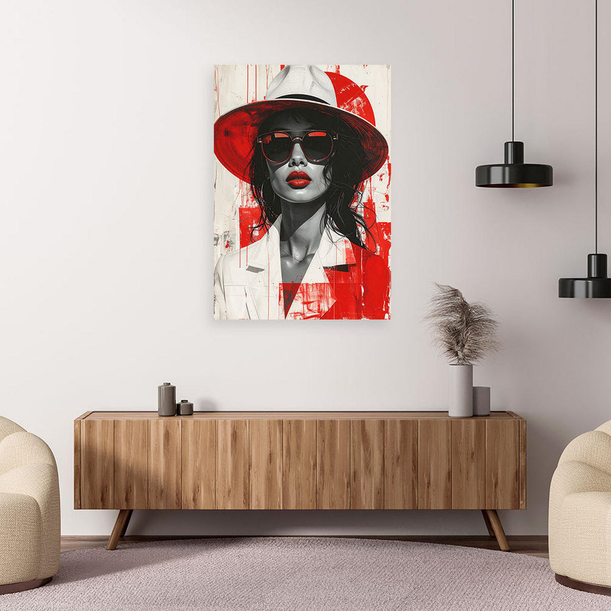 WANDBILD, Porträt der Frau in Hut rot und weiß - Rot, Textil (80/120cm) - Feeby