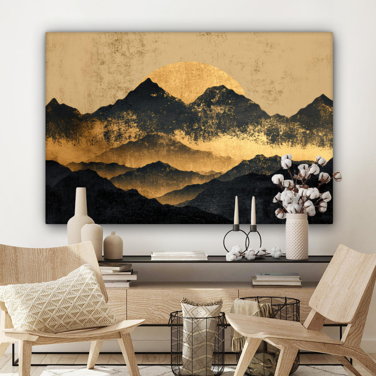 LEINWANDBILD Goldene Berge bei Mondschein Groß 140x90 cm - Goldfarben, Textil (140/90cm) - MuchoWow