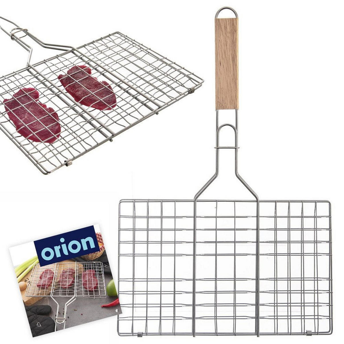 GRILLROST doppelseitig Holzgriff 55 cm Silberfarben - Silberfarben, Metall (35/4/55cm) - Orion 