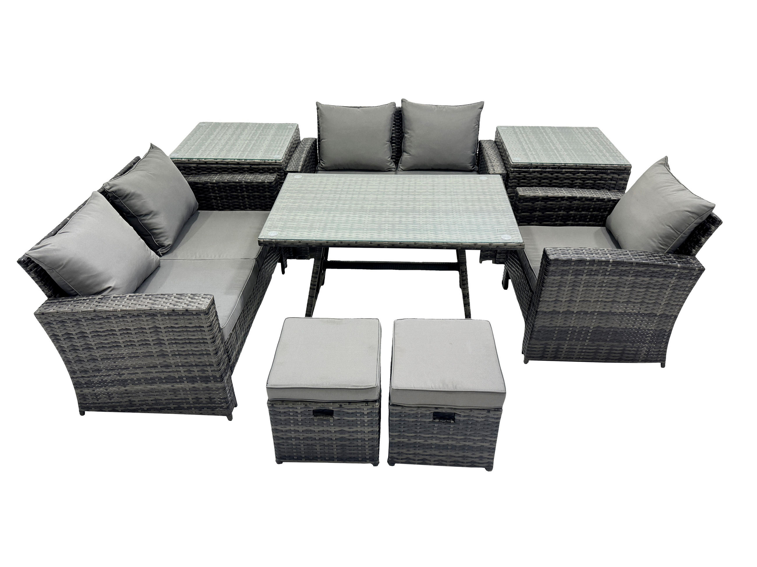GARTENMÖBELSET mit ESSTISCH,HOCHLEHNER-SOFA Polyrattan Dunkelgrauer Mix 7-Sitzer - Dunkelgrau/Grau, Glas/Kunststoff - Fimous