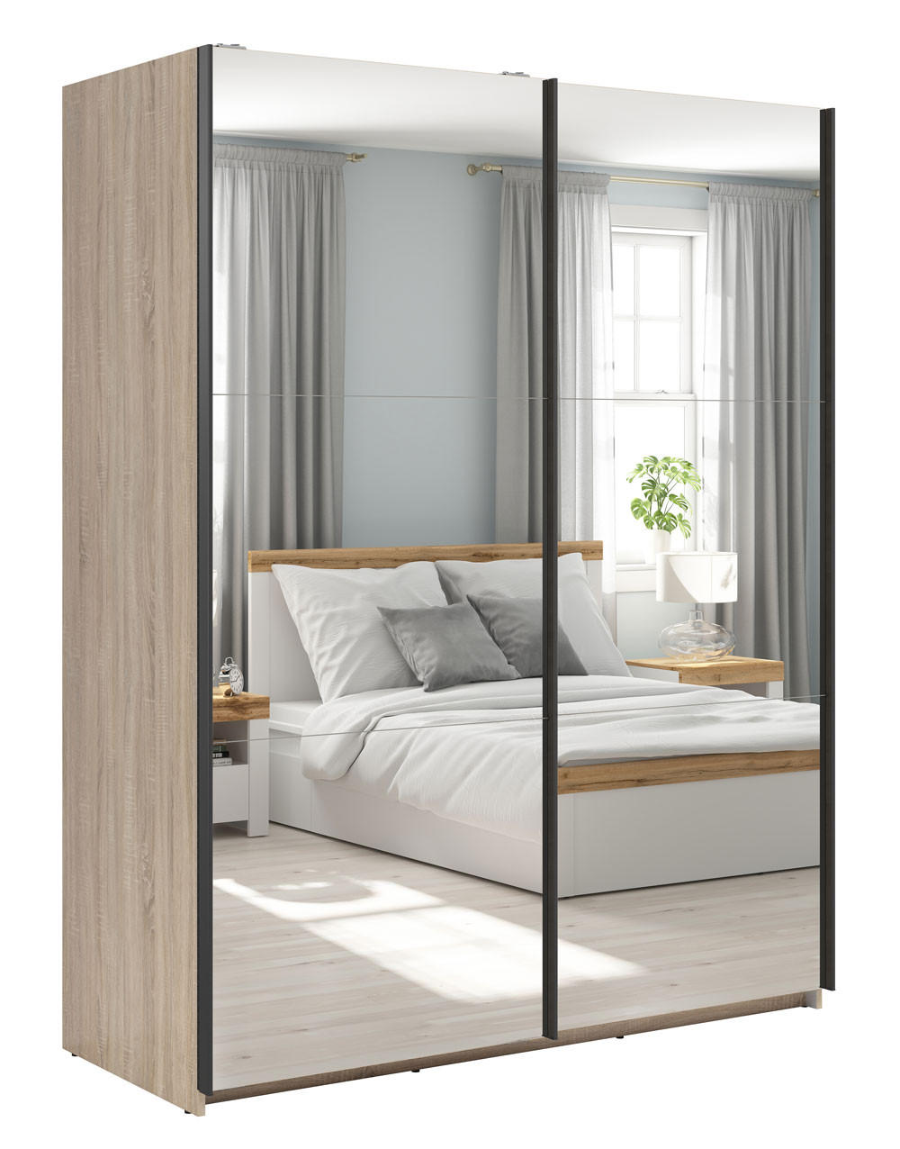 SCHWEBETÜRENSCHRANK Tetrix Eiche Sonoma 153,5 / 60 / 195,5cm - Grau/Sonoma Eiche, Holz/Holzwerkstoff (153.5/195.5/60cm) - Feldmann-Wohnen
