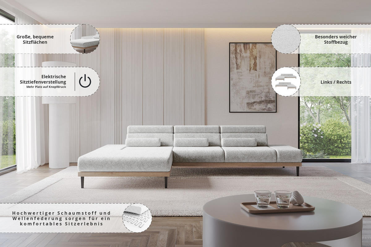 ELEKTRISCHES ECKSOFA Links MONA 316x205x85 Grau Velours - Grau, Holzwerkstoff/Textil (316/205cm) - ALTDECOR