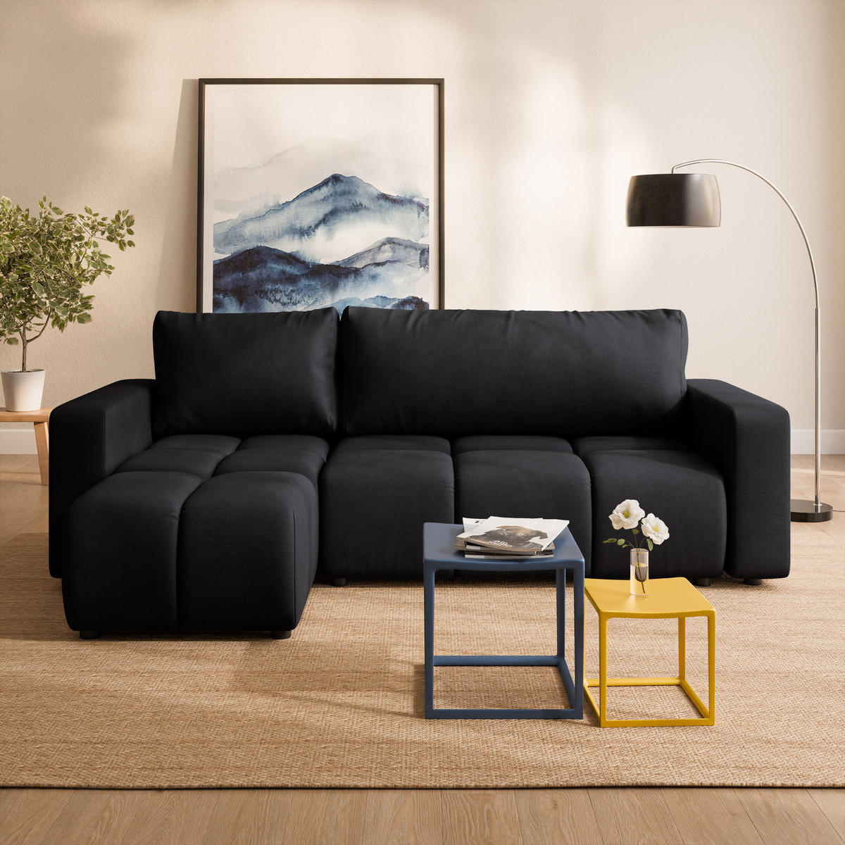 ECKSOFA RAMIL Schwarz Plüsch-Stoff mit Schlaffunktion - Schwarz, Holz (240/149cm) - MASSENO