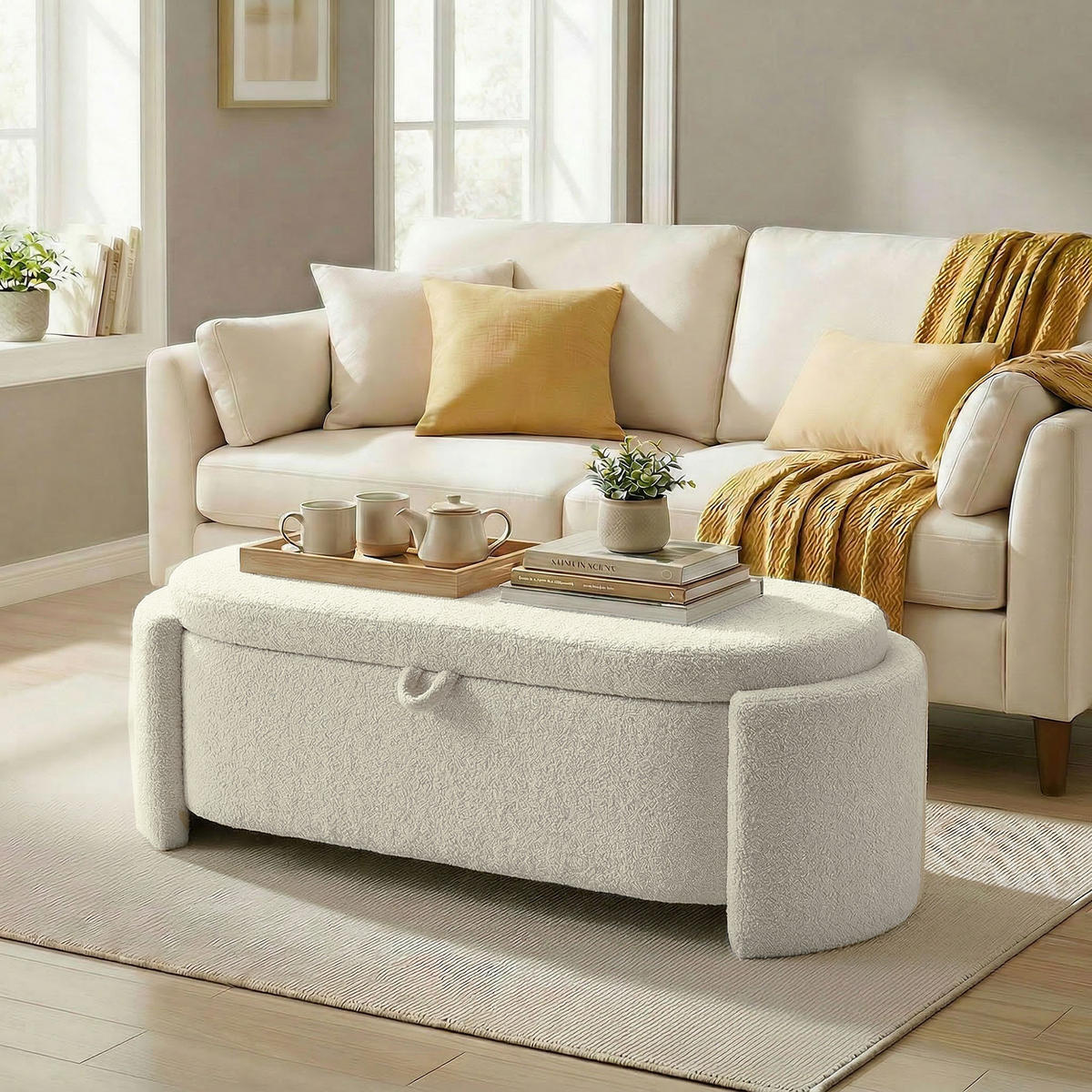 TRUHENBANK DE-16459 oval mit Teddyfell-Bezug und Stauraum Creme - Creme, Textil (129/44/48.5cm) - ComfortXL