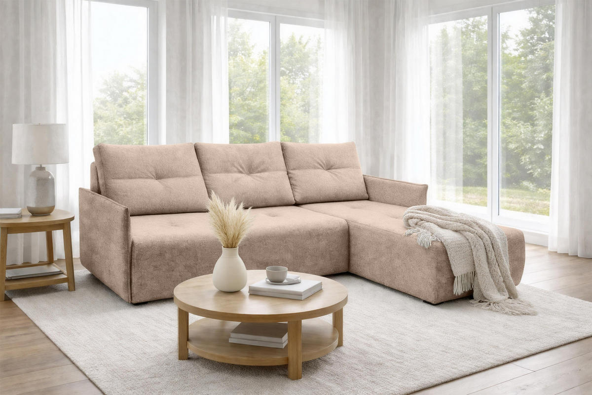 ECKSOFA L Form Damascus Creme 212/143/88 cm Rechts mit Schlaffunktion - Creme/Schwarz, Kunststoff/Textil (212/143cm) - AX Living