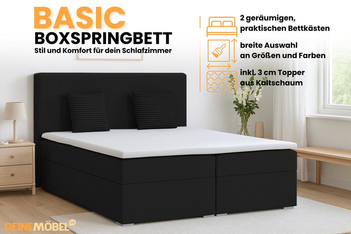 BOXBETT BASIC 160/200 Velours Schwarz mit Bonell-Federkernmatratzen H3 - Schwarz, Holz/Holzwerkstoff (160/200cm) - Deine Möbel 24