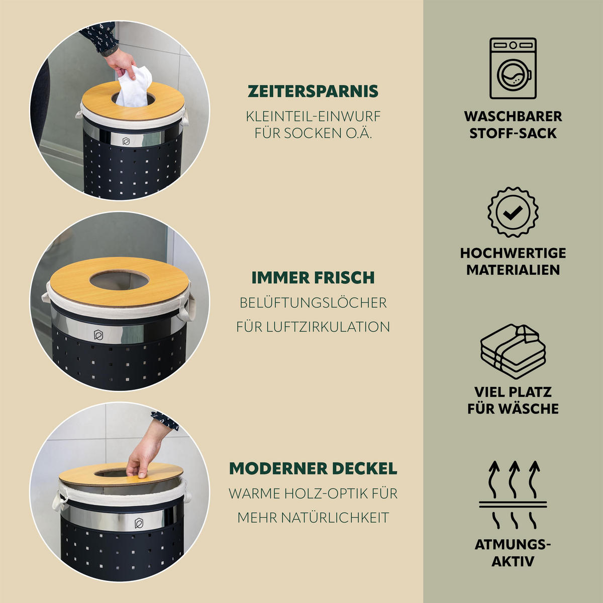 WÄSCHETONNE 50 Liter, schwarz - Schwarz, Metall (35.5/57.5/35.5cm) - eluno