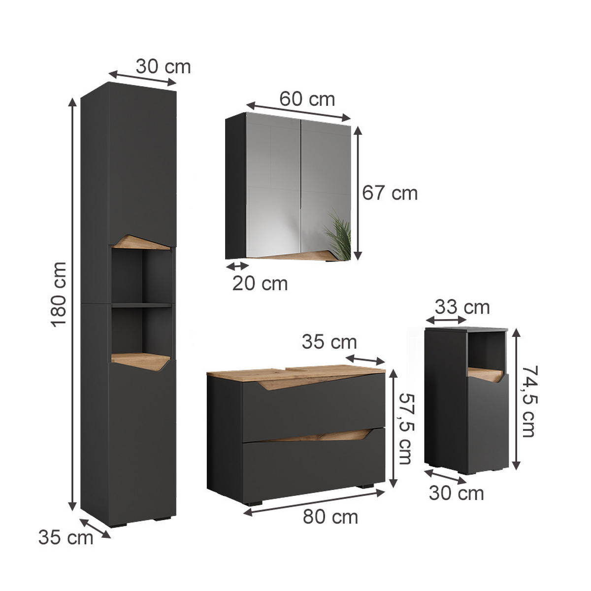 KOUPELNOVÝ NÁBYTEK Marelle Antracit/Artisan - antracitová/dub artisan, kompozitní dřevo (80/57.5/35cm) - Vicco