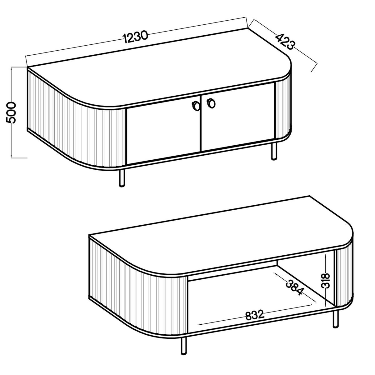 LOWBOARD Halay Beige, 2 Türen Moderne Rillenstruktur 123 cm, mit runden Kanten - Beige/Goldfarben, Holzwerkstoff/Metall (123/50/42.3cm) - AX Living