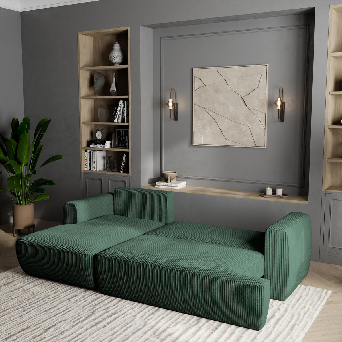 ECKSOFA SENTI P L-S Grün Kordstoff mit Schlaffunktion - Grün, Holz (246/148cm) - MASSENO