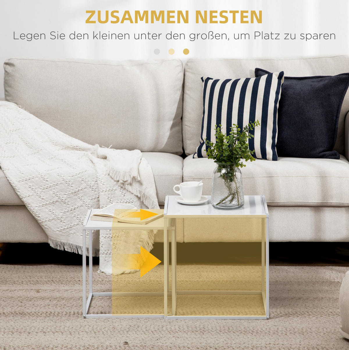 COUCHTISCH-SET 40/40/40 cm und 35/35/35 cm im 2er-Set, mit Stahlgestell und quadratischer Tischplatte, Weiß - Weiß, Metall (40/40/40cm) - Modfu