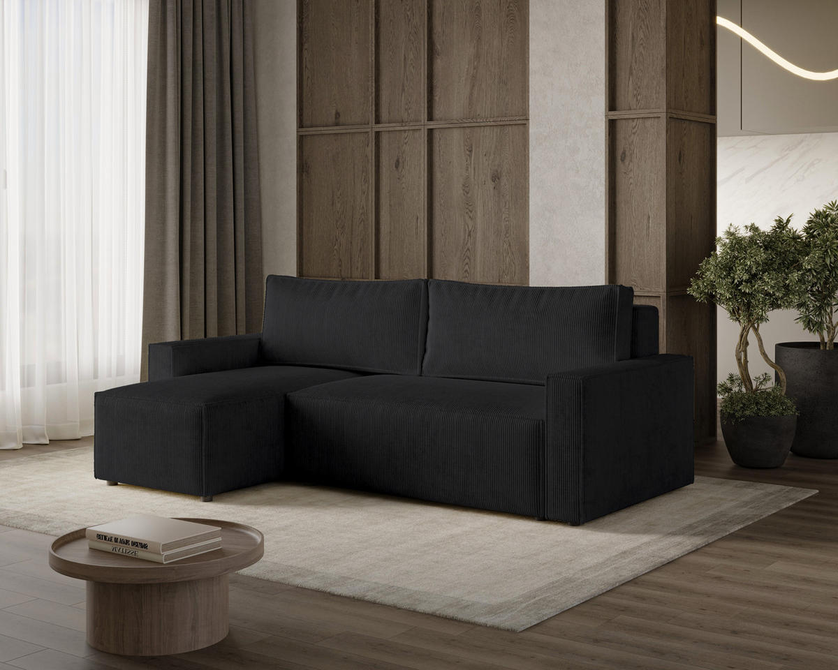 ECKSOFA LIVIO S mit Schlaffunktion, universell montierbar - POSO 135 - Schwarz, Holz (230/142cm) - Dekori_Interiors