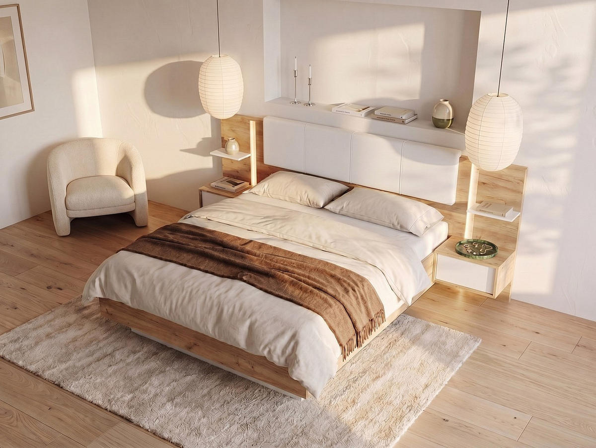 BETTRAHMEN - 2 Personen - samt - naturfarben hell, weiß Elynia - Weiß, Holz/Textil (160/200cm) - Vente-Unique