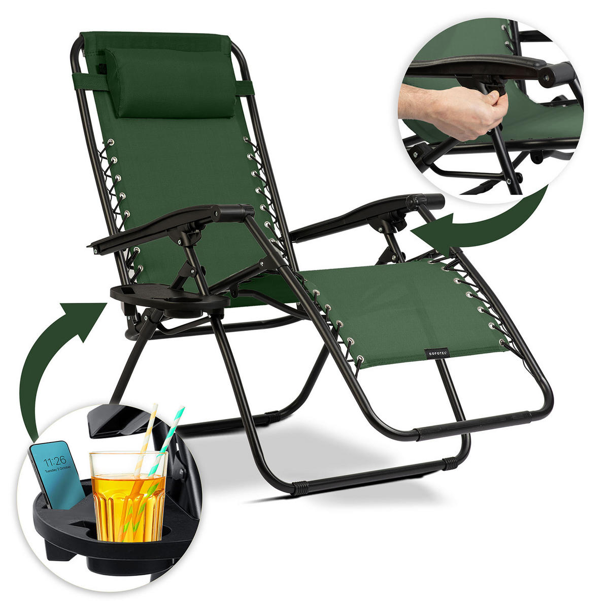 GARTEN-RELAXSESSEL Klappbarer mit Kissen, 2er Set, Grün - Grün, Metall (60/102/110cm)
