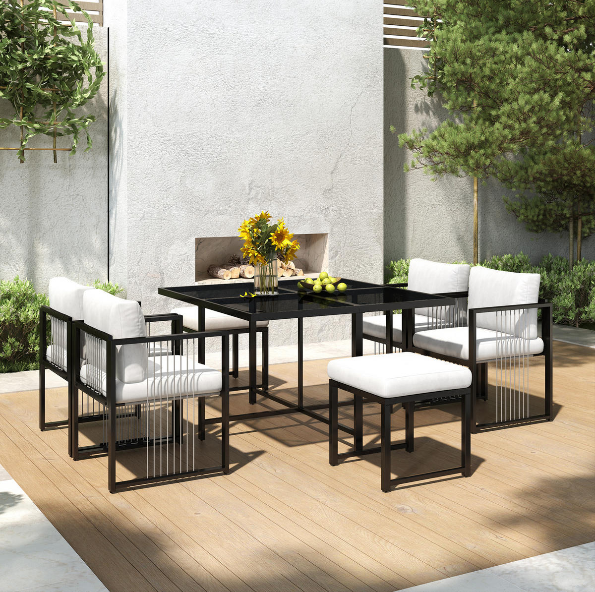 GARTENMÖBELSET 117/117 cm schwarz/weiß aus Metall und Glas mit Kissen - Schwarz, Metall - OKWISH