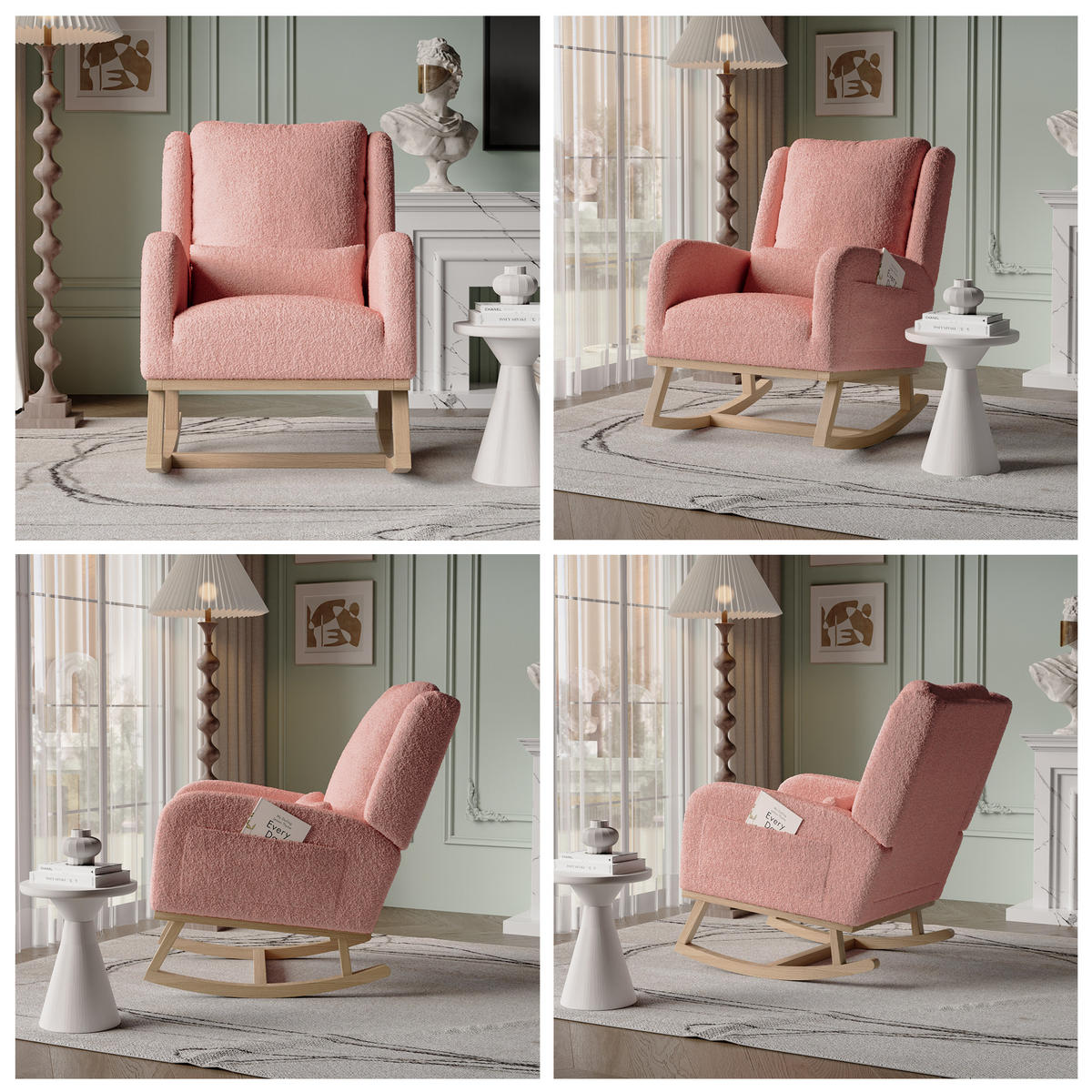 SCHAUKELSTUHL Plüsch Lendenstütze Taschen Holzfüße rosa - Rosa, Holz (52/96/93cm) - LEBENLANG