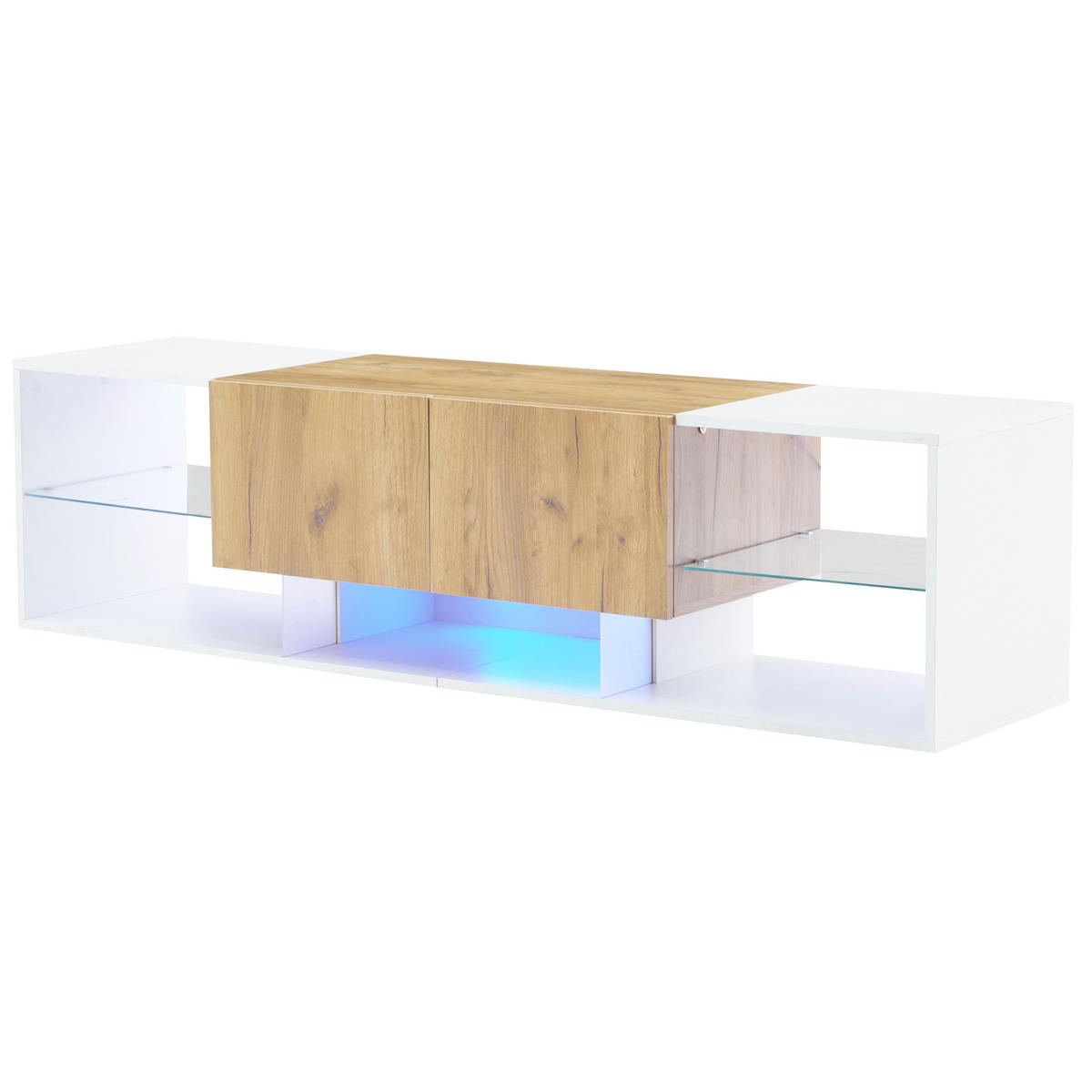 LOWBOARD 160/40/42 cm in Weiß und Eichefarben mit LED-Beleuchtung und 2 Schubladen - Hellbraun, Holzwerkstoff (160/42/40cm) - Flora Grace