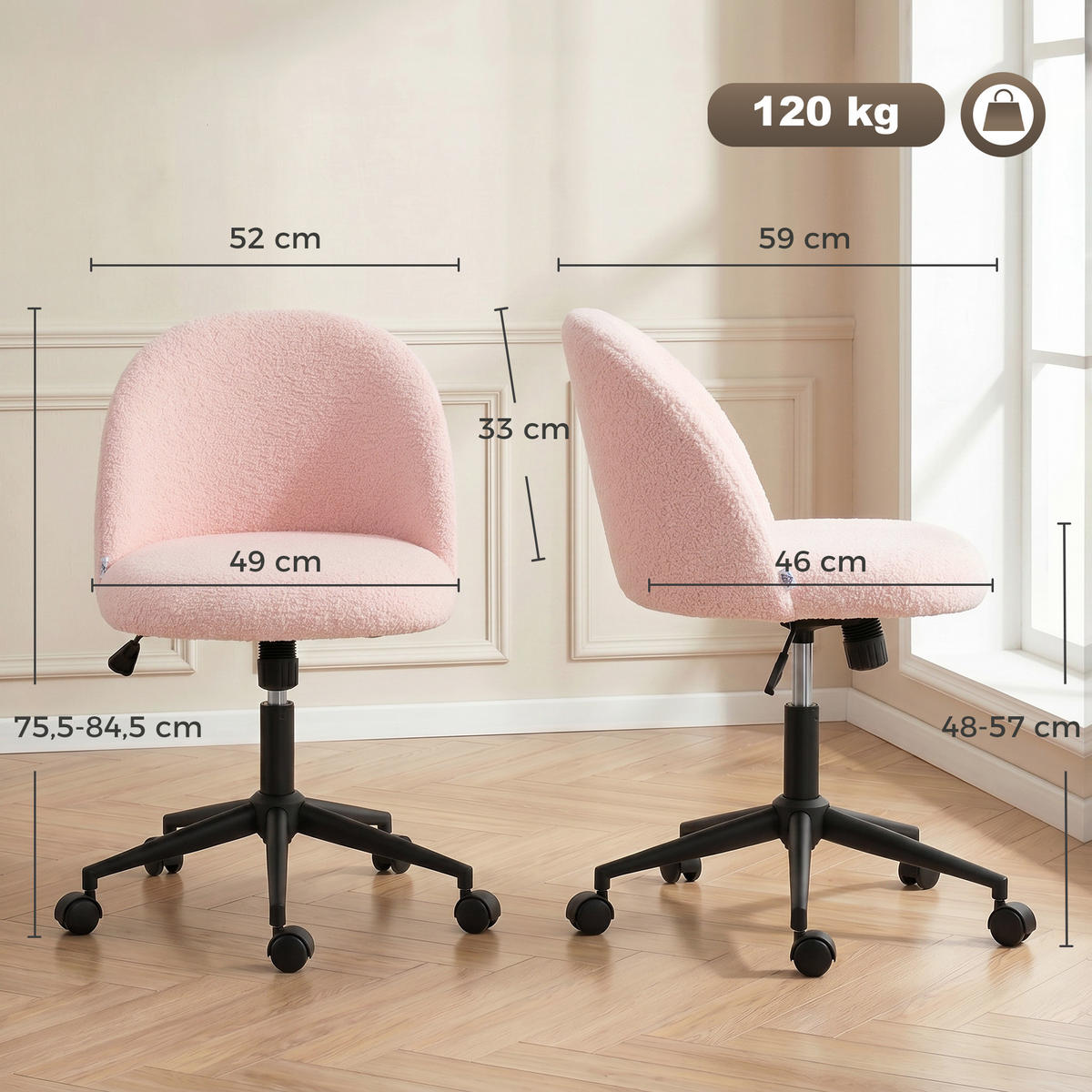 BÜROSTUHL Teddyfleece (100 % Polyester) Rosa - Schwarz/Rosa, Textil/Metall (52/84.5/59cm) - HOMCOM