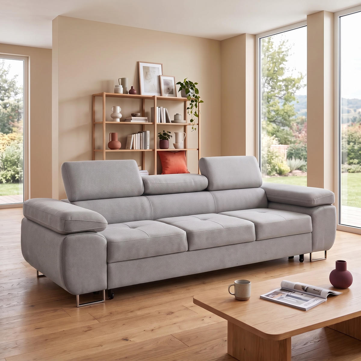 3-SITZER-SOFA WILD mit Schlaffunktion 127x190 Velours Grau - Chromfarben/Grau, Holz/Textil (262/90/102cm) - Muffo