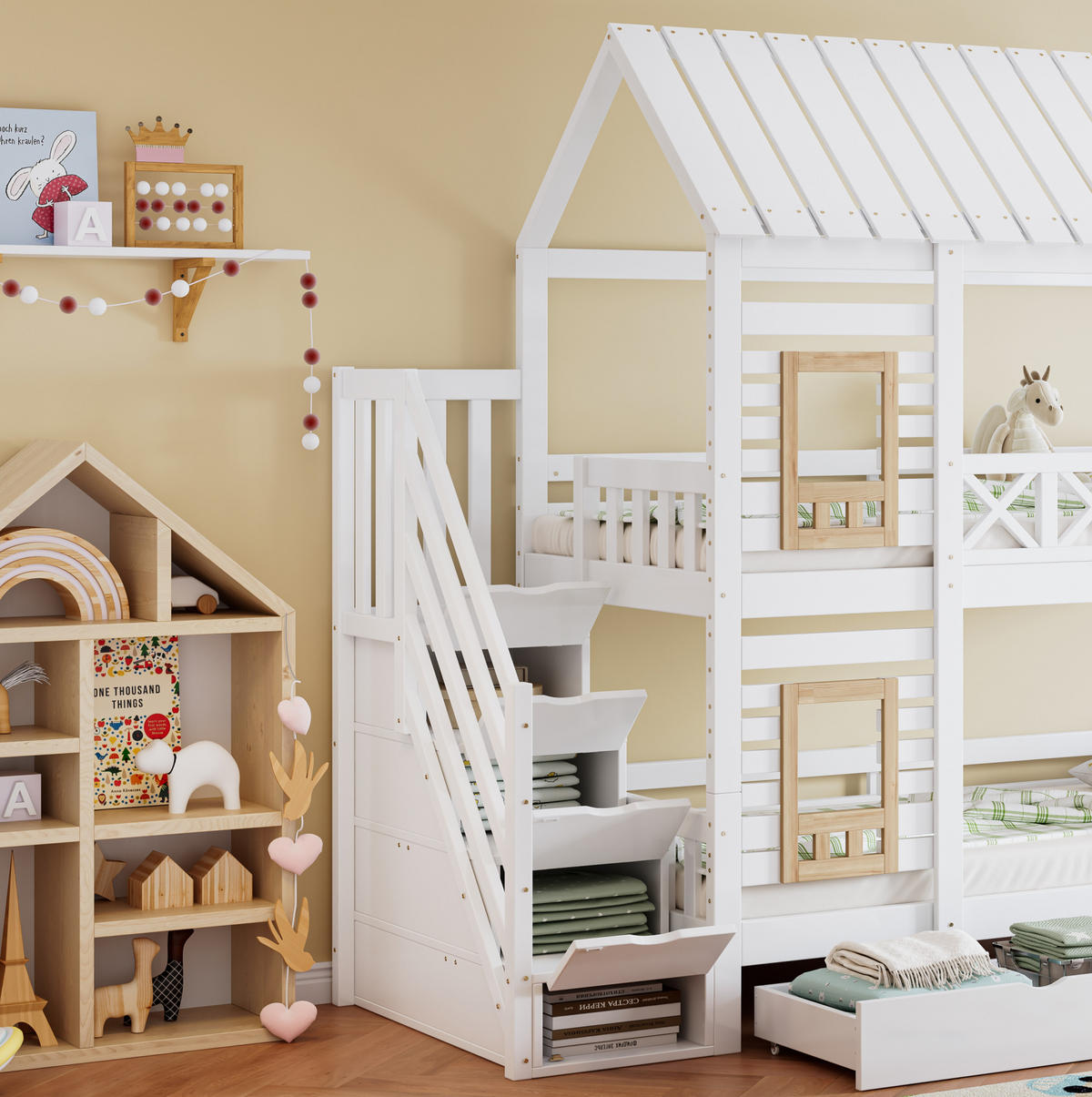 HAUSBETT 90/200 cm in Weiß/Natur mit Stauraumtreppe und 2 Schubladen - Weiß, Holz (90/200cm) - BEAOK
