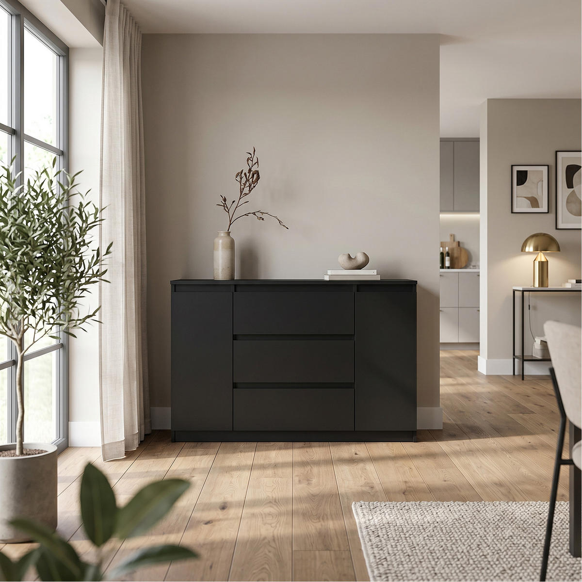 KOMMODE NUDO 138,5/78,2/39cm mit 3 Schubladen 2 Türen Schwarz - Schwarz, Holzwerkstoff (138.5/78.2/39cm) - MASSENO