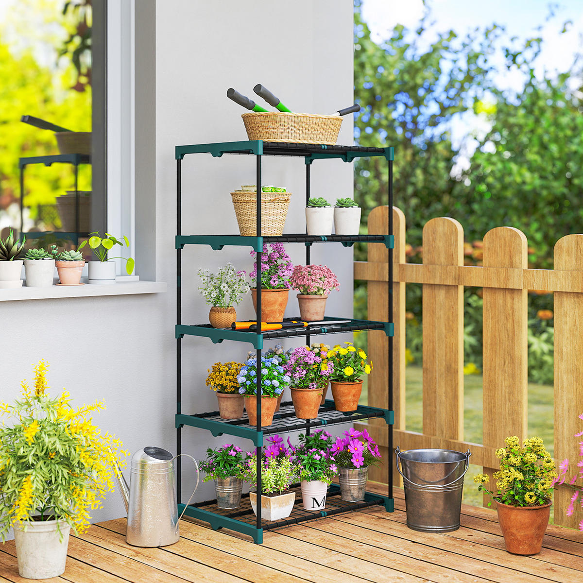 5-ETAGEN Pflanzenständer, 138 cm hoch Blumenständer für Innen Außen, Dunkelgrün - Dunkelgrün, Metall (49/138/67cm) - Outsunny