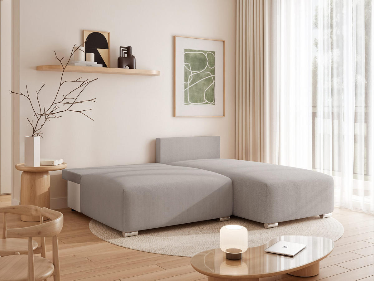 ECKSOFA ELVO mit Schlaffunktion und Bettkasten Hellgrau - Hellgrau, Holzwerkstoff/Kunststoff (208/190cm) - Idohome