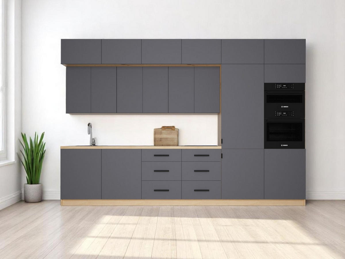 KÜCHENZEILE 360 cm - Nexa K72-G360-R - in Grau / Matt - Schwarz/Grau, Holz/Metall (360/212/58cm) - ROYAL24_MARKT
