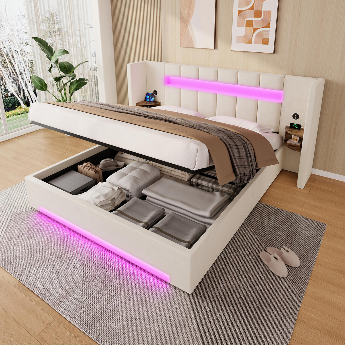 BETT mit USB, LED und Stauraum 180x200 cm Samt Beige - Beige, Metall (180/200cm) - Meubliv