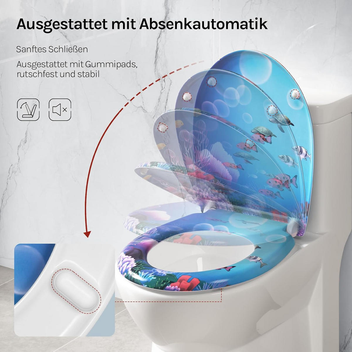 WC SITZ mit Absenkautomatik, Duroplast, Fische Oval - Blau/Weiß, Kunststoff (37/2.51/45cm) - Woltu