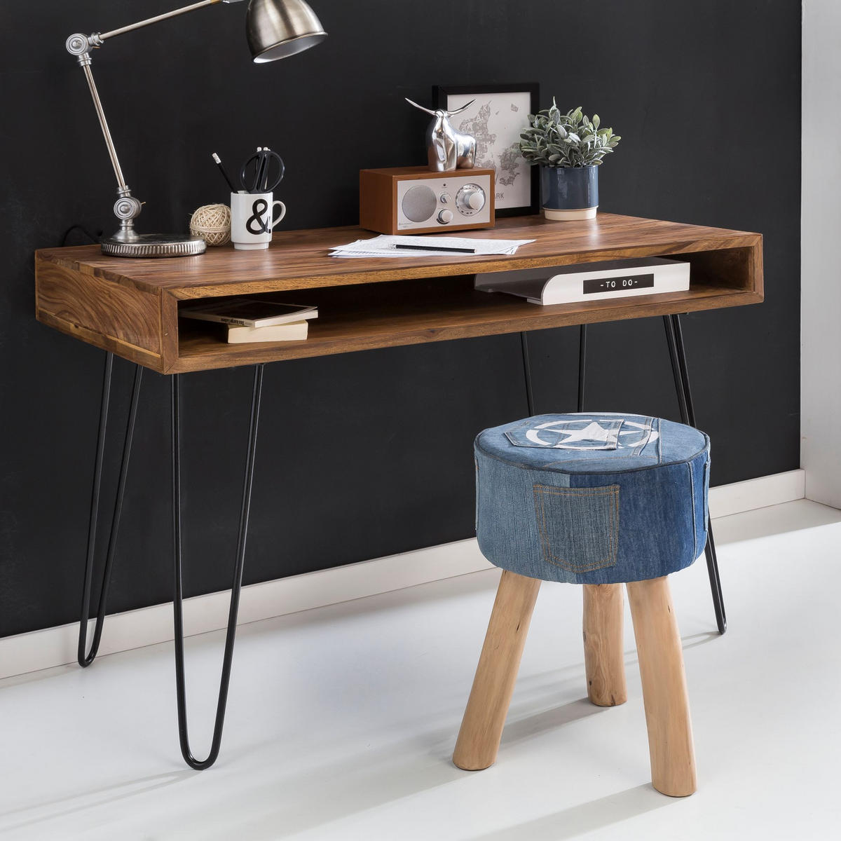 SCHREIBTISCH – Massivholz, Industrial Retro, große Platte, Haarnadelbeine - Schwarz/Braun, Holz/Metall (60/110/76cm) - KADIMA DESIGN