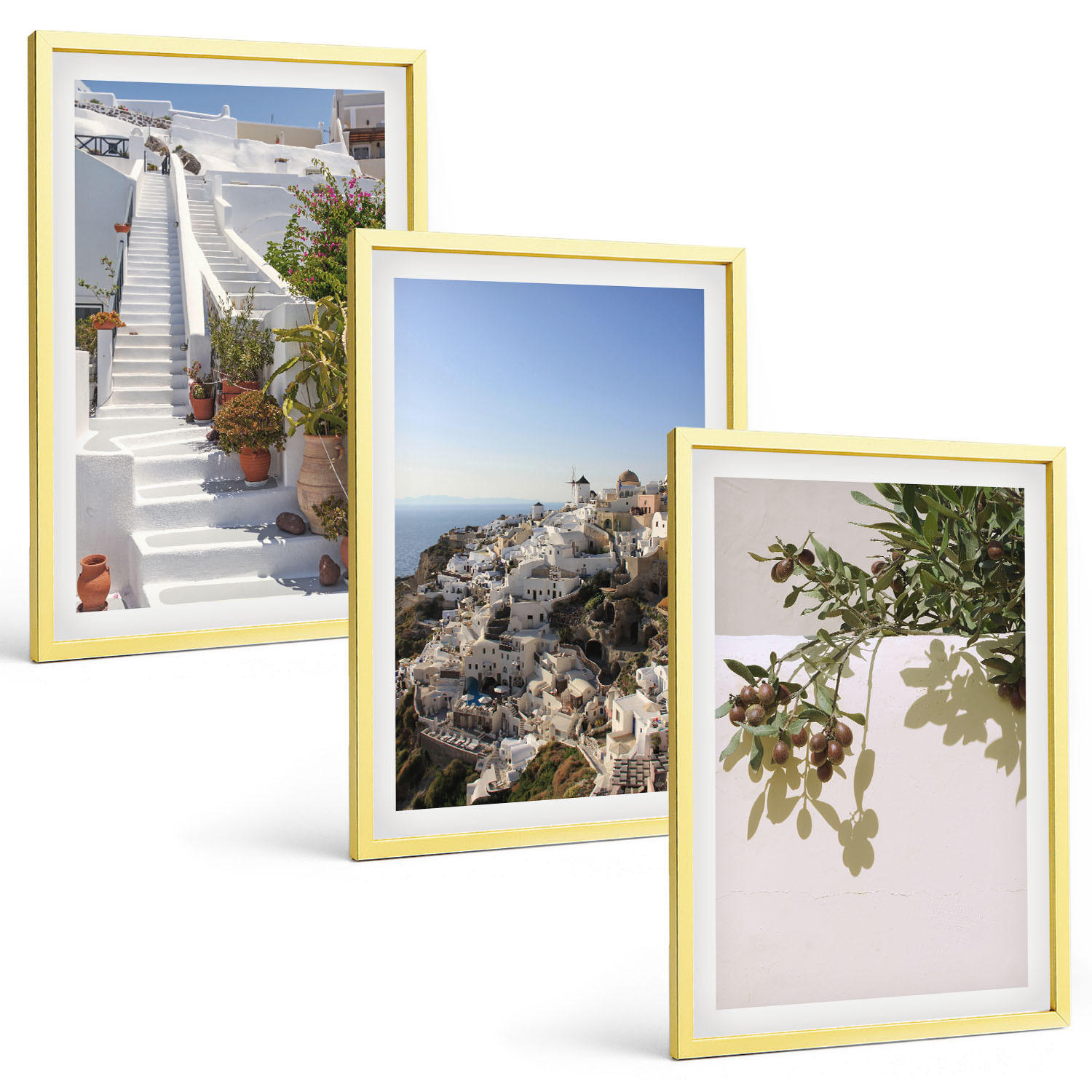 BILDER SET 3er Set - 40x60 cm Goldrahmen - Weiße Treppe mit Blick auf Santorini - Goldfarben, Kunststoff (40/60cm) - TULUP