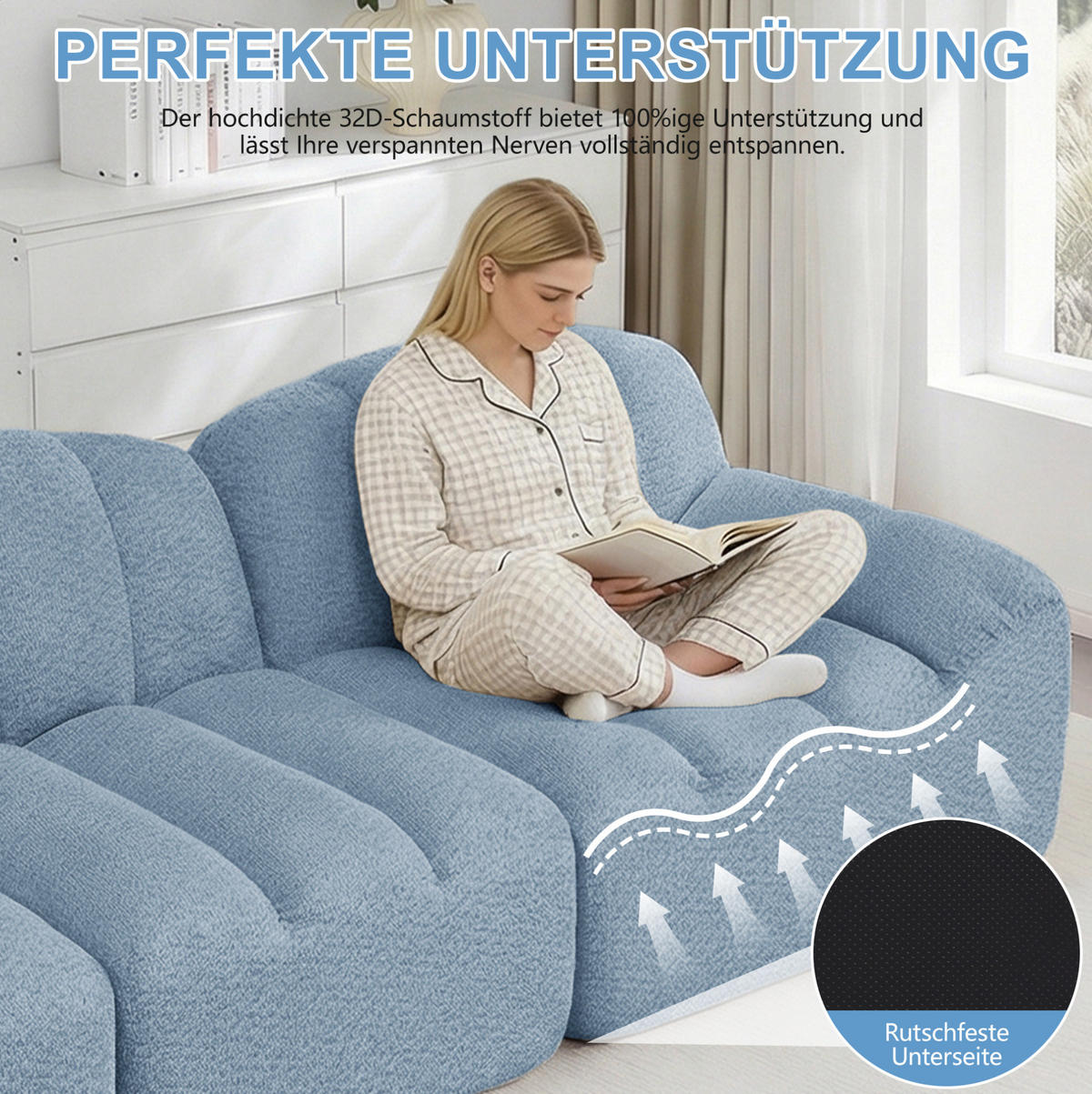 MODULARES 3-Sitzer-Sofa aus granuliertem Fleece mit ergonomischer Form Blau - Blau, Textil (104/79/288cm) - Modenvie