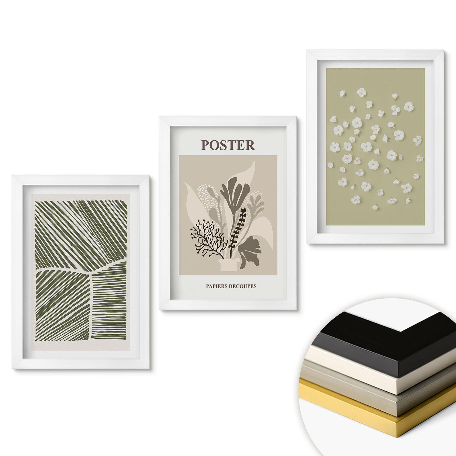 WANDBILDER 3er-Set - 20x30 cm Weißer Rahmen - Gedämpfte Pflanzenmotive - Weiß, Kunststoff (20/30cm) - ArtPrintCave