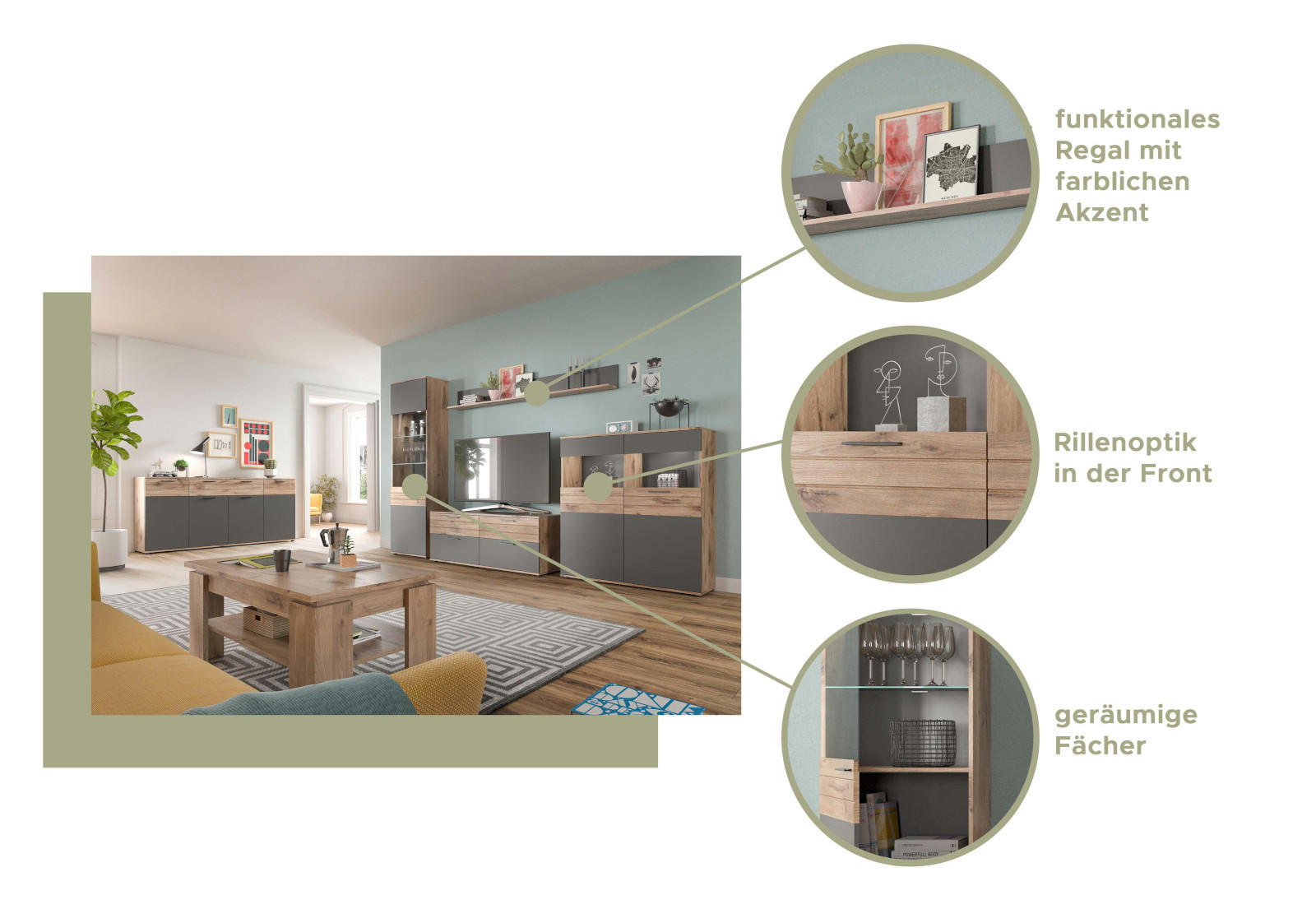 Thumbnail - Inn.Furn Highboard, Eiche, Grau, Kunststoff, Nachbildung,Eiche, Uni, Holz Optik, 8 Fächer, 2 Schubladen, Rechteckig, 140...