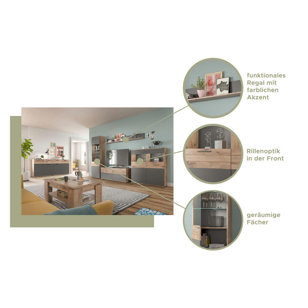 Thumbnail - Inn.Furn Wohnwand, Eiche, Grau, Kunststoff, Nachbildung,Eiche, Holz Optik, Uni, 9 Fächer, 2 Schubladen, Rechteckig, 327x...