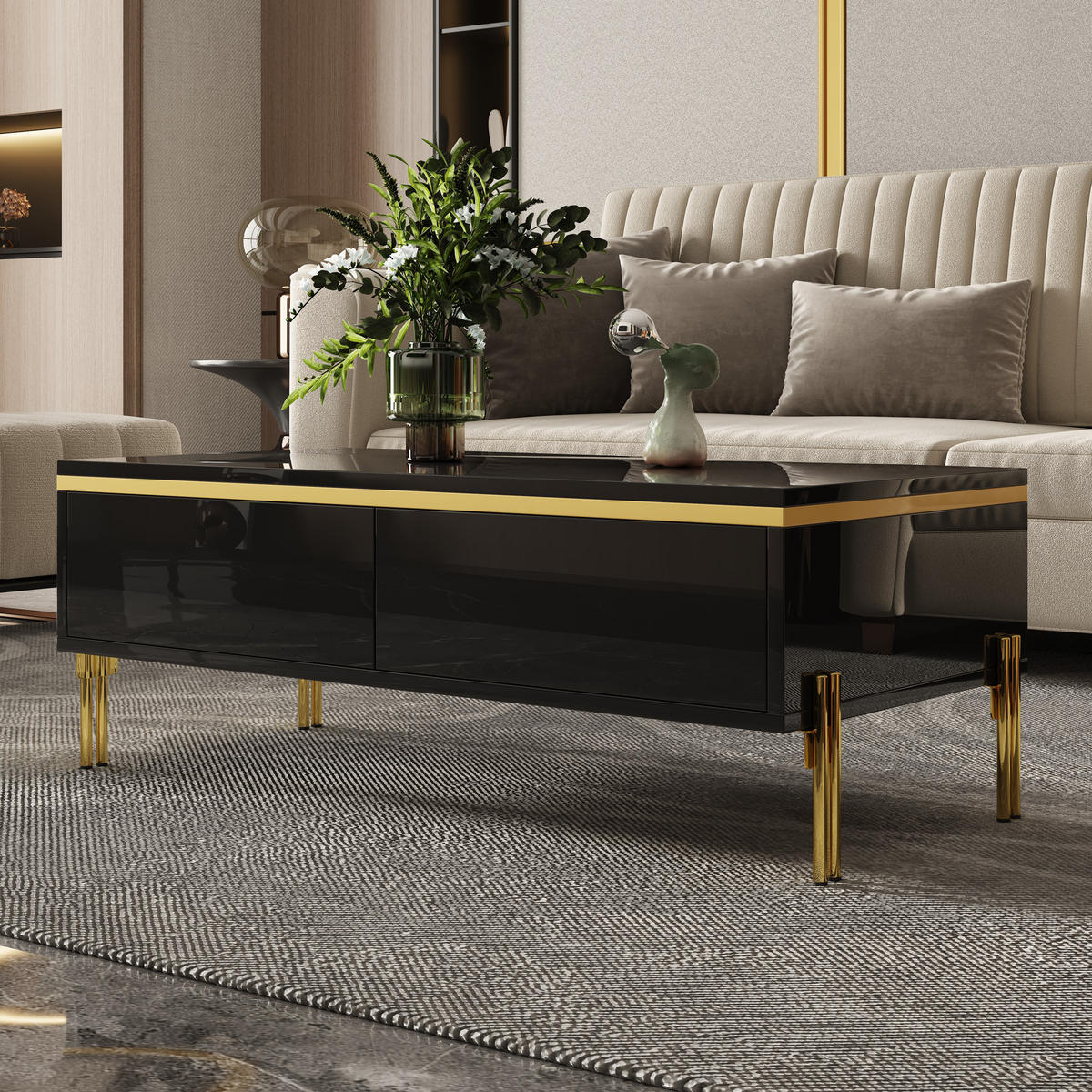 COUCHTISCH 100x50 Hochglanz Multifunktion Wohnzimmertisch - Schwarz, Holzwerkstoff (100/50/36cm) - FLIEKS