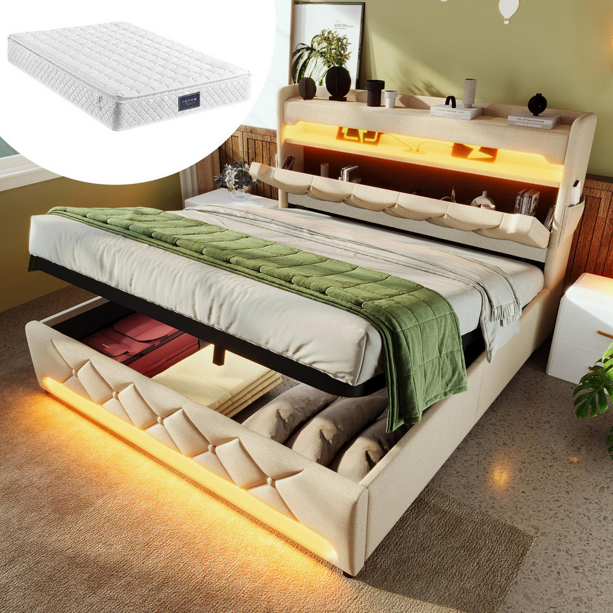 POLSTERBETT 160x200cm Doppelbett USB-C 360° LED Beleuchtung Stauraum Beige - Beige, Holz (160/200cm) - FLIEKS