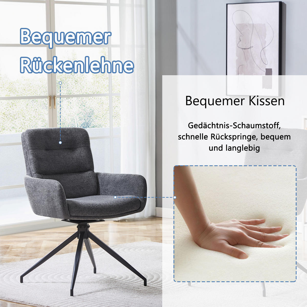 ESSZIMMERSTUHL 2er set stoff leinenoptik gepolstert drehbar metallgestell - Dunkelgrau, Textil (55/85/50cm) - Urban Meuble